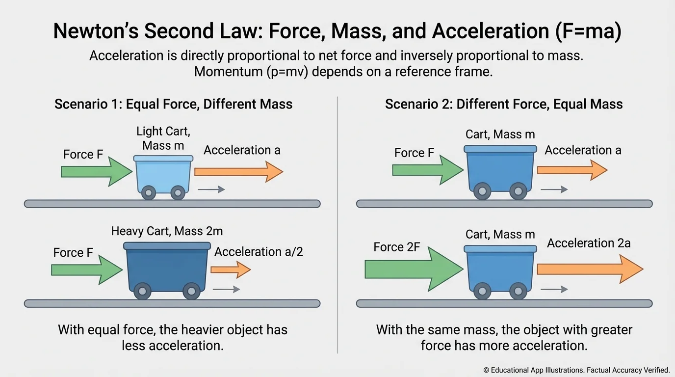 comparison of two carts on a horizontal surface, one light and one heavy, both pushed with equal force arrows, plus a second comparison where one cart receives a larger push; include acceleration arrows showing how mass and force affect acceleration