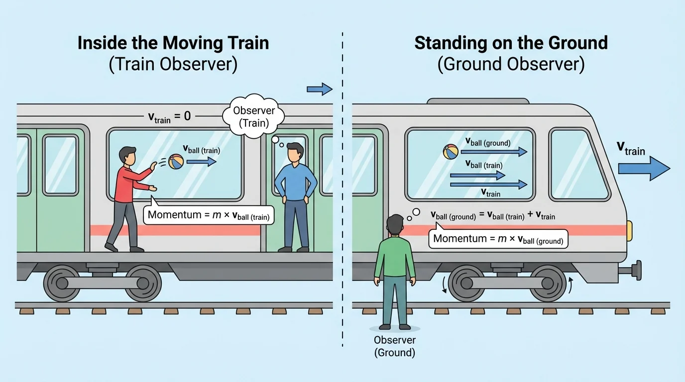 side-by-side scene of a ball tossed forward inside a moving train, with one observer inside the train and one observer standing on the ground; include simple velocity arrows relative to each observer