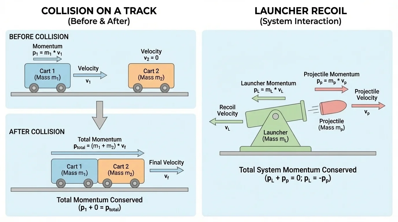 before-and-after collision of two carts on a track, one moving and one at rest, followed by the carts moving together; include a second simple scene of a launcher recoiling backward as a projectile moves forward
