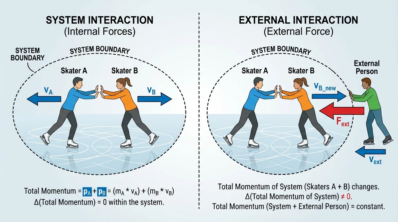 two ice skaters inside a dashed system boundary pushing apart with opposite velocity arrows, plus a separate version where an outside person pushes one skater to show an external force crossing the system boundary