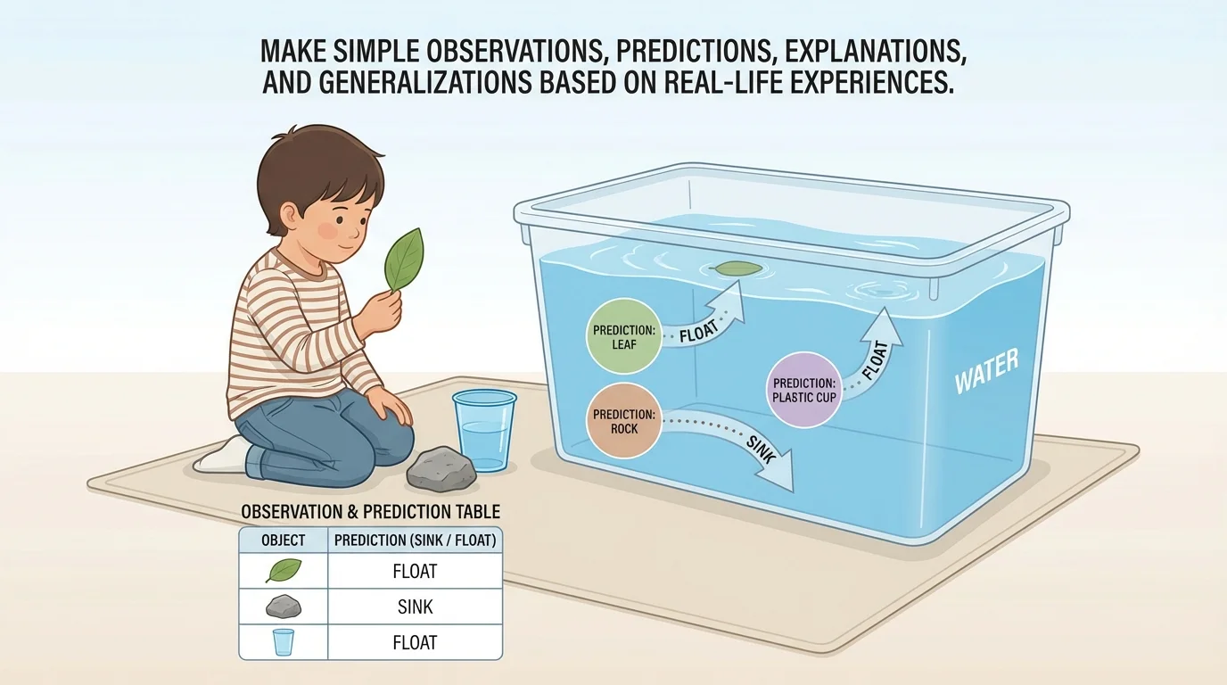 Child holding a leaf, rock, and plastic cup beside a tub of water, with arrows showing guessed sink or float choices