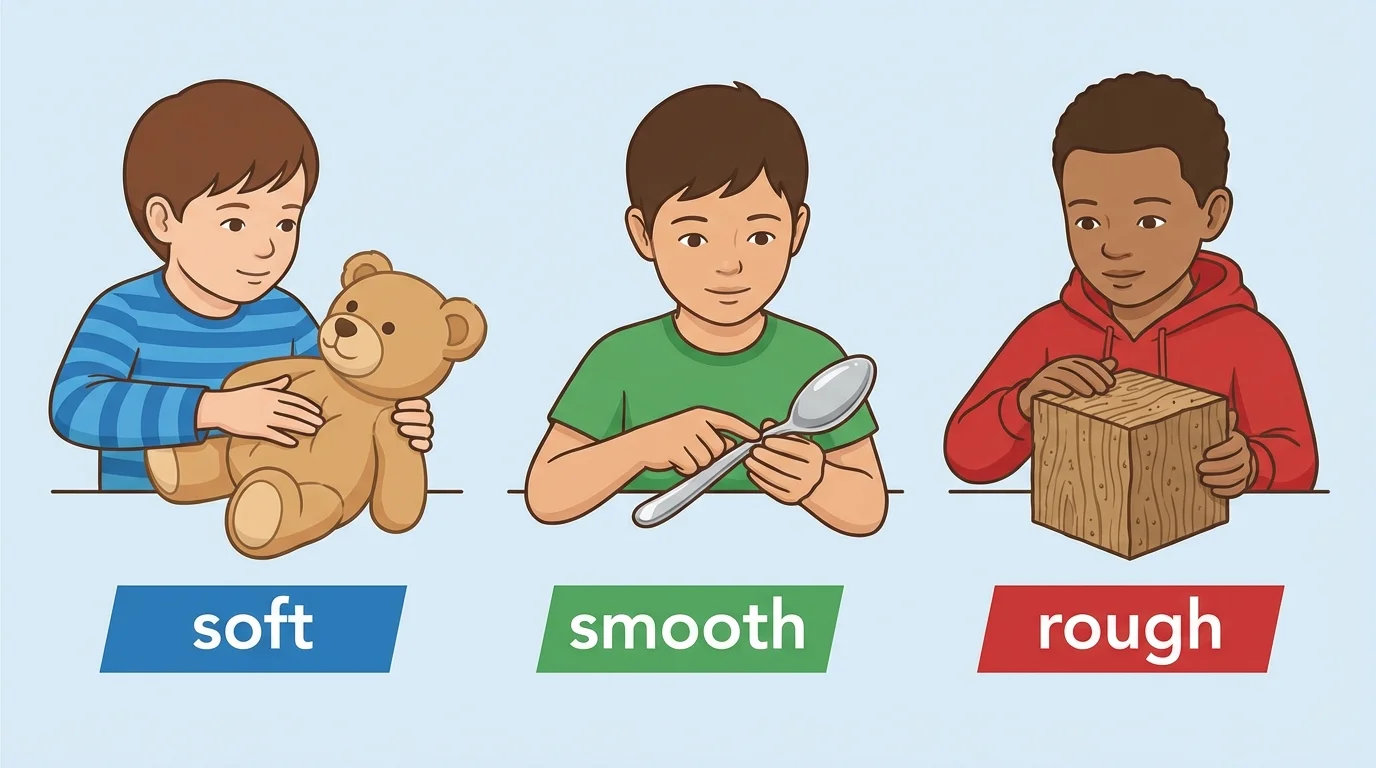Three simple objects—a soft teddy bear, a smooth spoon, and a rough block—with children looking and touching them, labels soft, smooth, rough