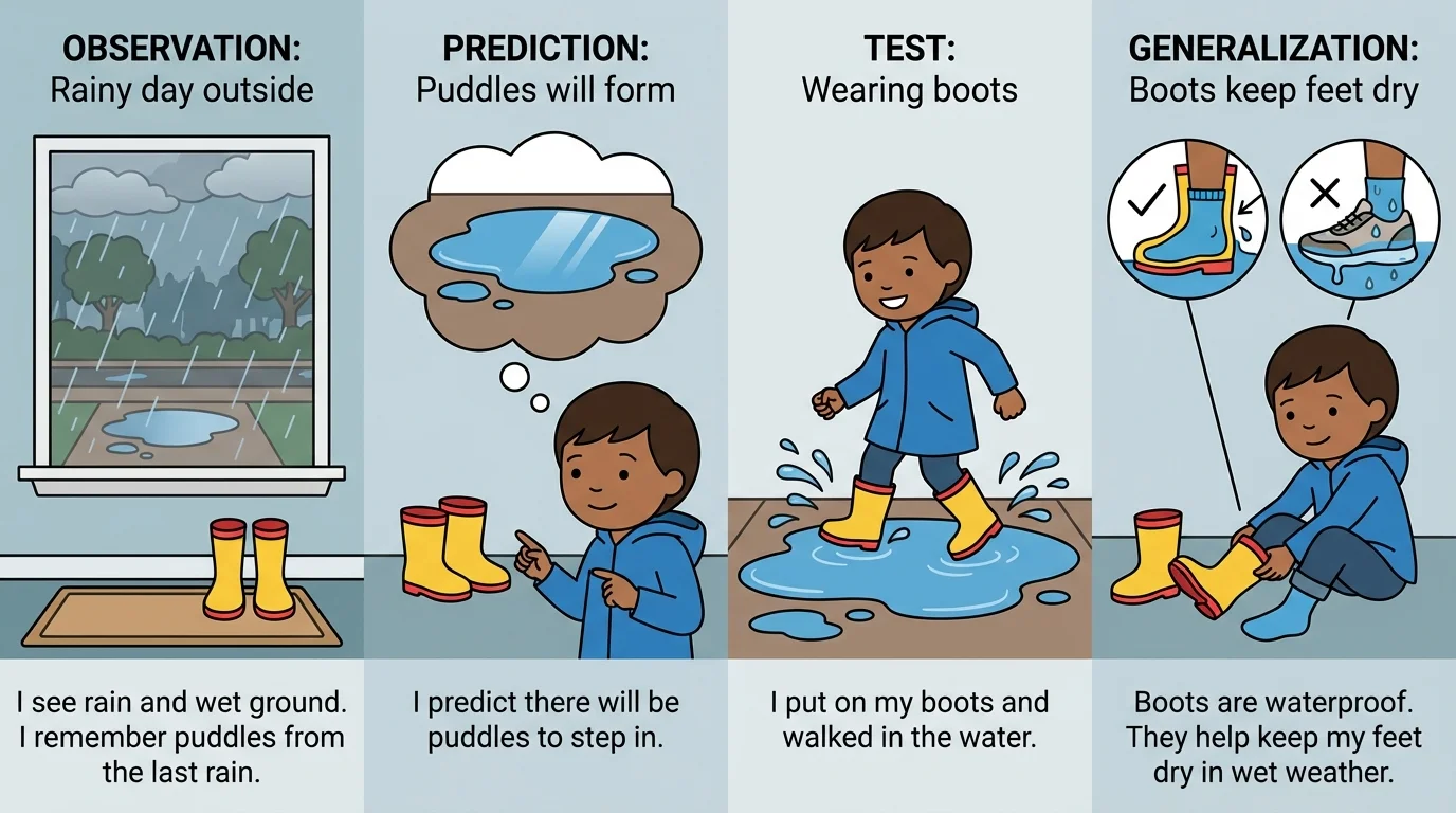 Small sequence of rainy-day scenes showing puddles outside and child wearing boots on different days, emphasizing that boots help in wet weather