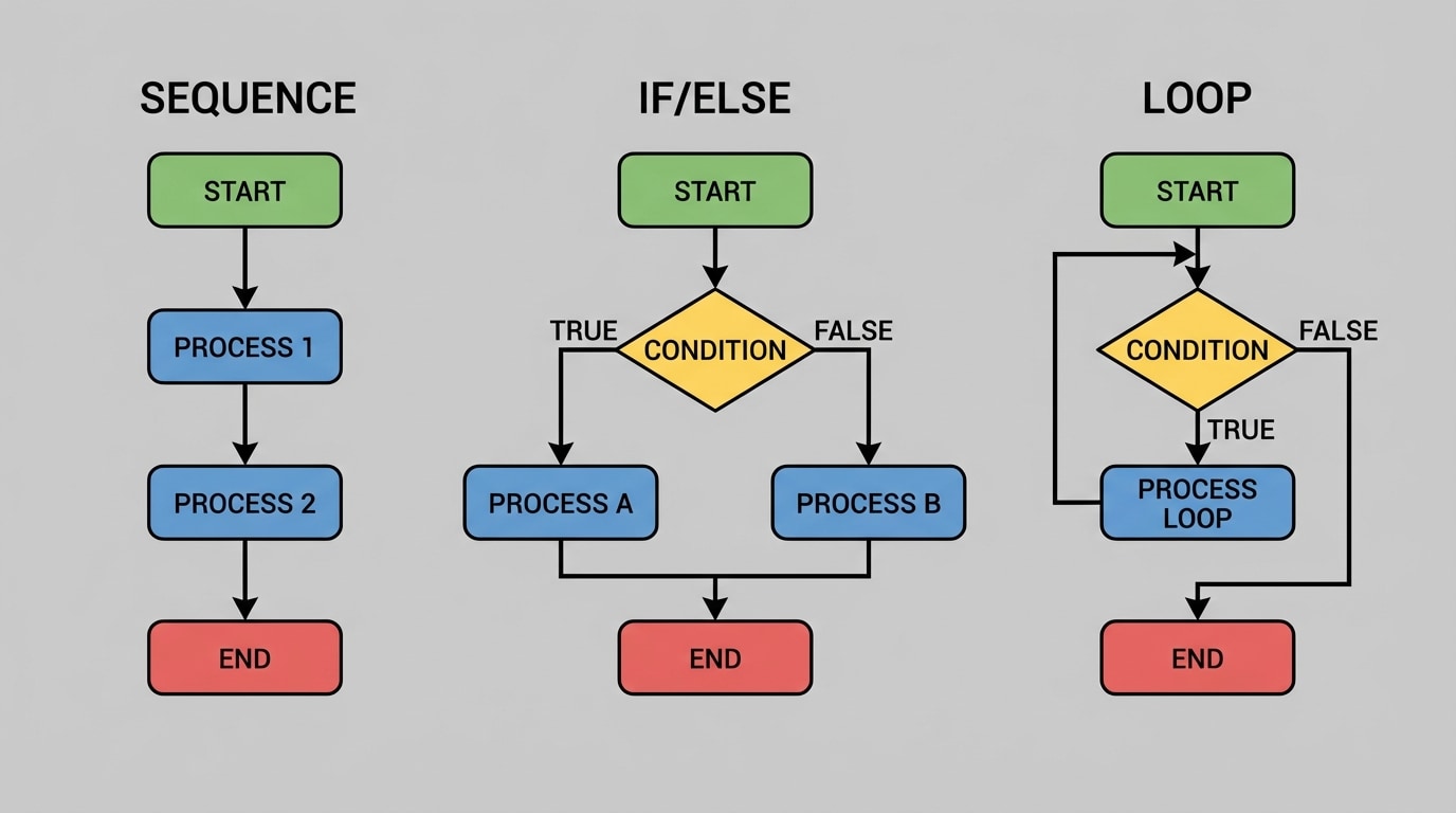 Side-by-side diagram of three mini flowcharts: (1) straight sequence of three steps, (2) if/else branching based on a condition, (3) a loop with a condition leading back to a previous step