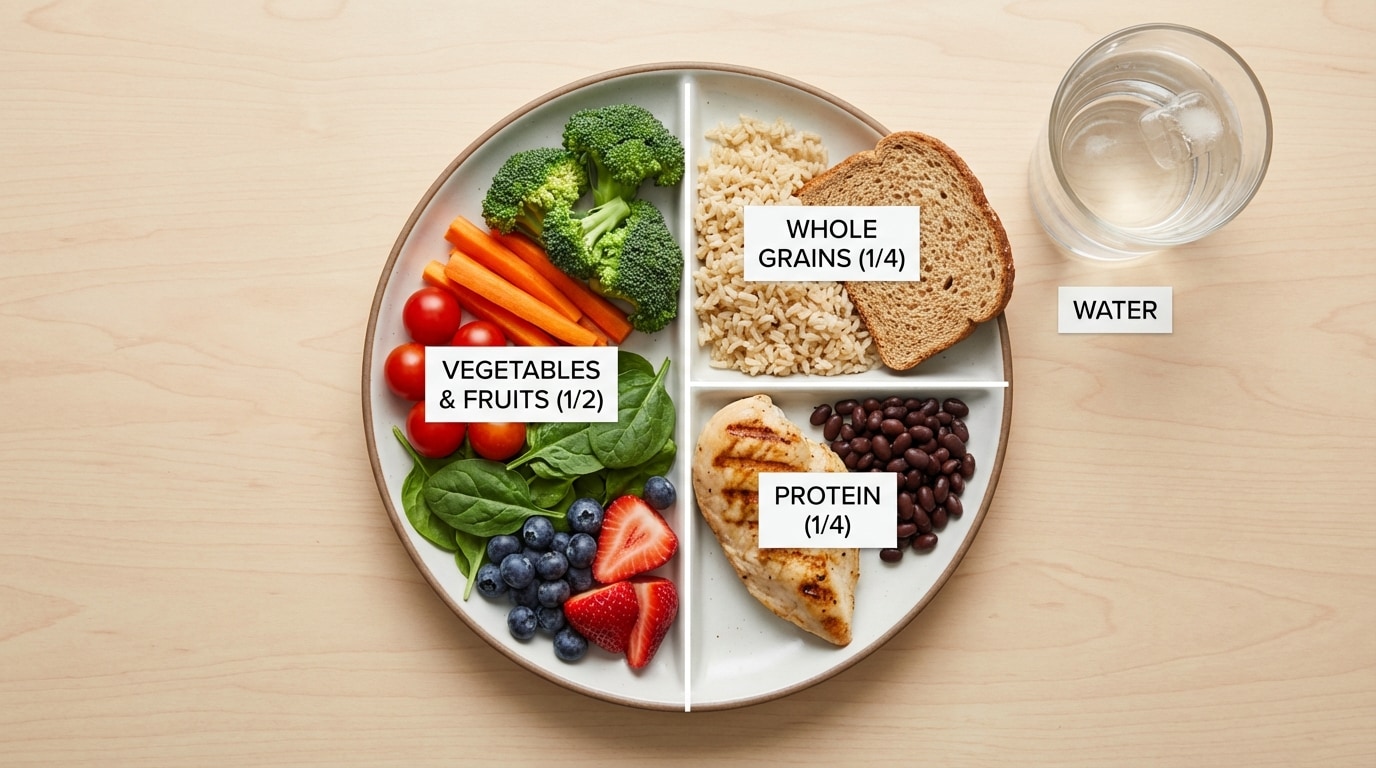 Diagram of a plate divided into sections labeled vegetables/fruits (half), whole grains (one-quarter), protein (one-quarter), with a glass of water beside it, representing a balanced teen meal.