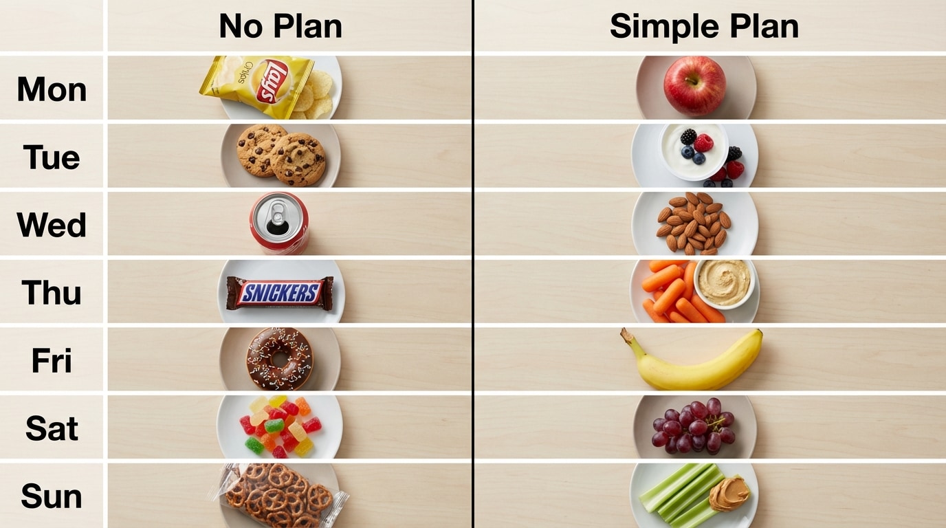 Side-by-side weekly chart showing 7 days of unplanned snacks (chips, cookies, sugary drinks) vs 7 days of planned snacks (fruit, yogurt, nuts, veggies with hummus), labeled “No Plan” and “Simple Plan”.