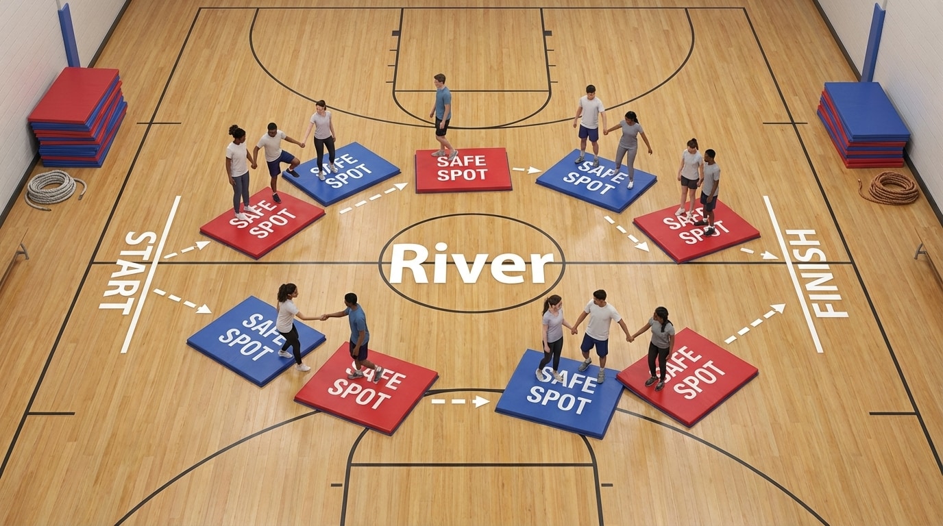 Top-down view of a gym "river-crossing" challenge. Several students stand on a few scattered mats, with arrows showing possible paths from one side of the gym to the other using the mats as safe spots.