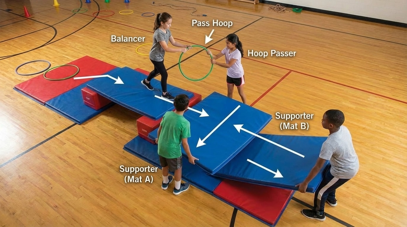 Top-down view of four students working together to cross a gym obstacle course using mats and hoops, with arrows showing their different movement paths and roles.