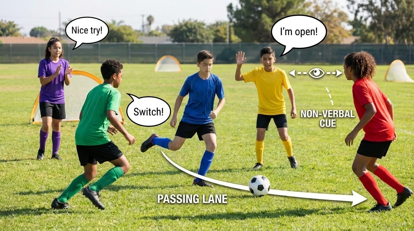 Small-sided game scene with 4–5 students passing a ball. Arrows show ball movement, and speech bubbles read "I'm open!", "Switch!", and "Nice try!" Another arrow highlights eye contact between two students as non-verbal communication.