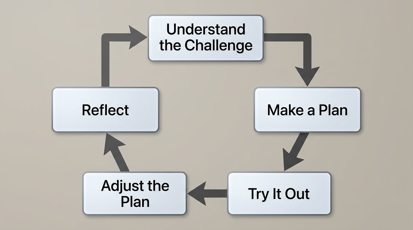 Flowchart with boxes labeled “Understand the Challenge”, “Make a Plan”, “Try It Out”, “Adjust the Plan”, “Reflect”, arranged in a cycle with arrows connecting them.