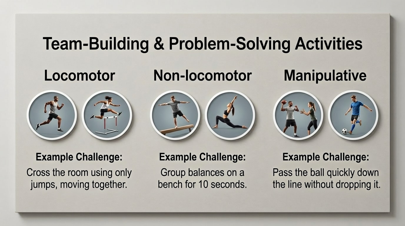 Diagram with three labeled columns: "Locomotor" (icons of running and jumping), "Non-locomotor" (icons of balancing on one foot and stretching), "Manipulative" (icons of throwing and kicking a ball). Under each column, short example team challenges such as "cross the room using only jumps," "group balances on a bench," "pass the ball quickly down the line."