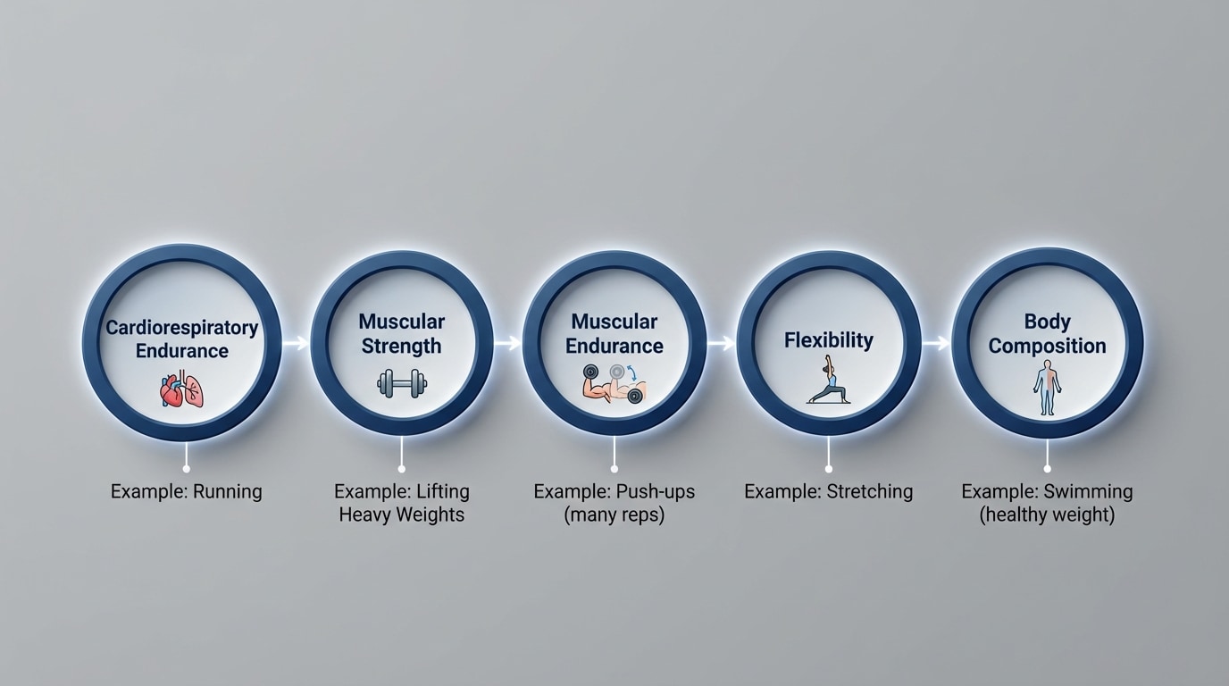 Chart with five circles labeled Cardiorespiratory Endurance, Muscular Strength, Muscular Endurance, Flexibility, Body Composition, each with a small icon (heart/lungs, dumbbell, repeated reps, stretching person, body silhouette) and one example activity in text below each