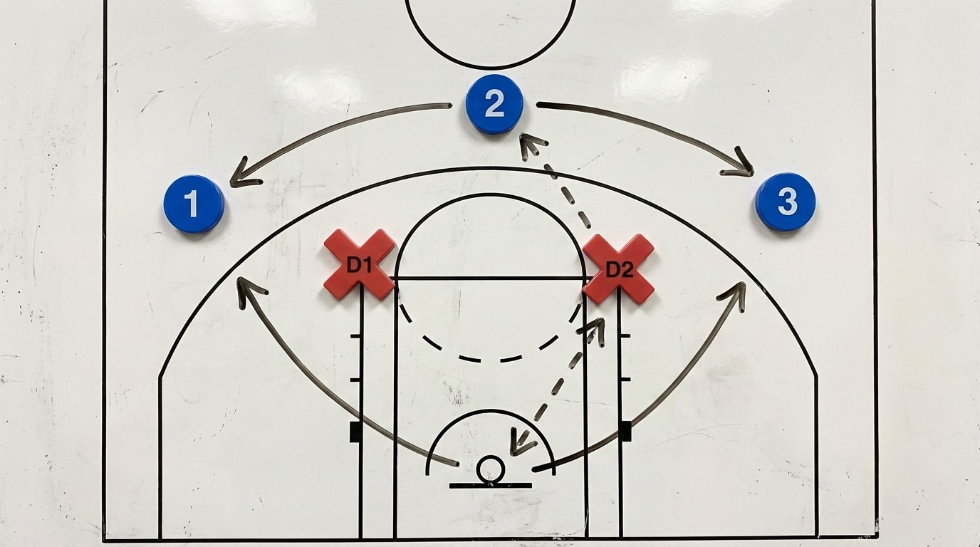A top-down half-court diagram showing three offensive players vs two defenders in a fast break, with offensive players spread wide and arrows showing possible passes and driving paths.
