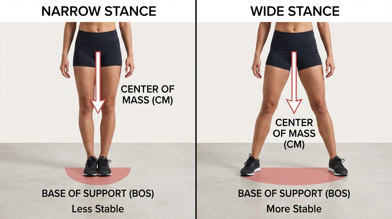 Side-by-side diagrams of a person standing with narrow stance vs wide stance. Arrows indicate center of mass and shaded areas show base of support, with labels highlighting that the wide stance is more stable.