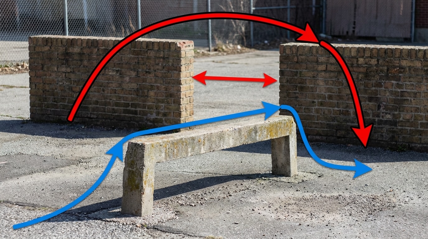 Side-view of a simple urban parkour setup with two possible routes marked in different colors: one low, safe route over a small rail, and one higher, riskier route involving a gap jump between walls, with arrows showing movement direction.