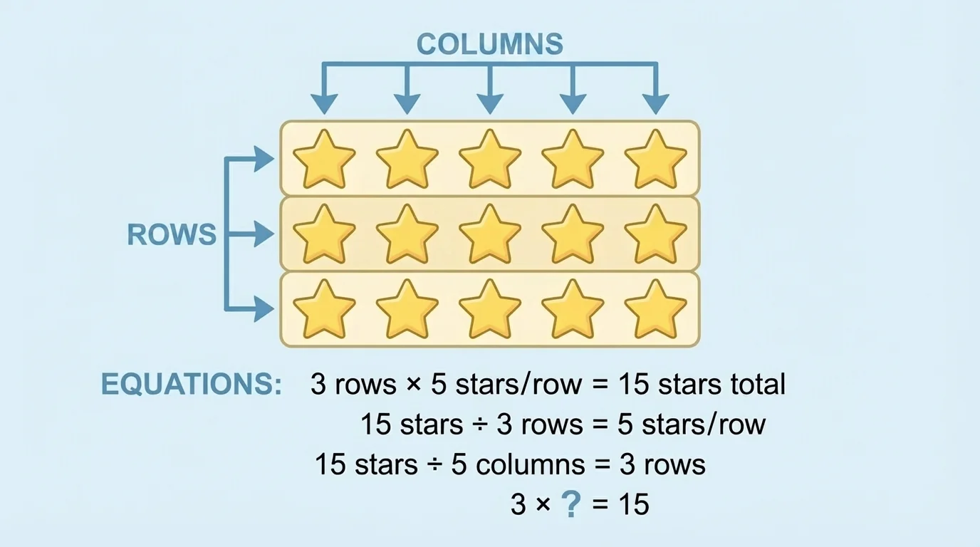 classroom-style array of 3 rows with 5 stars in each row, showing rows and columns clearly