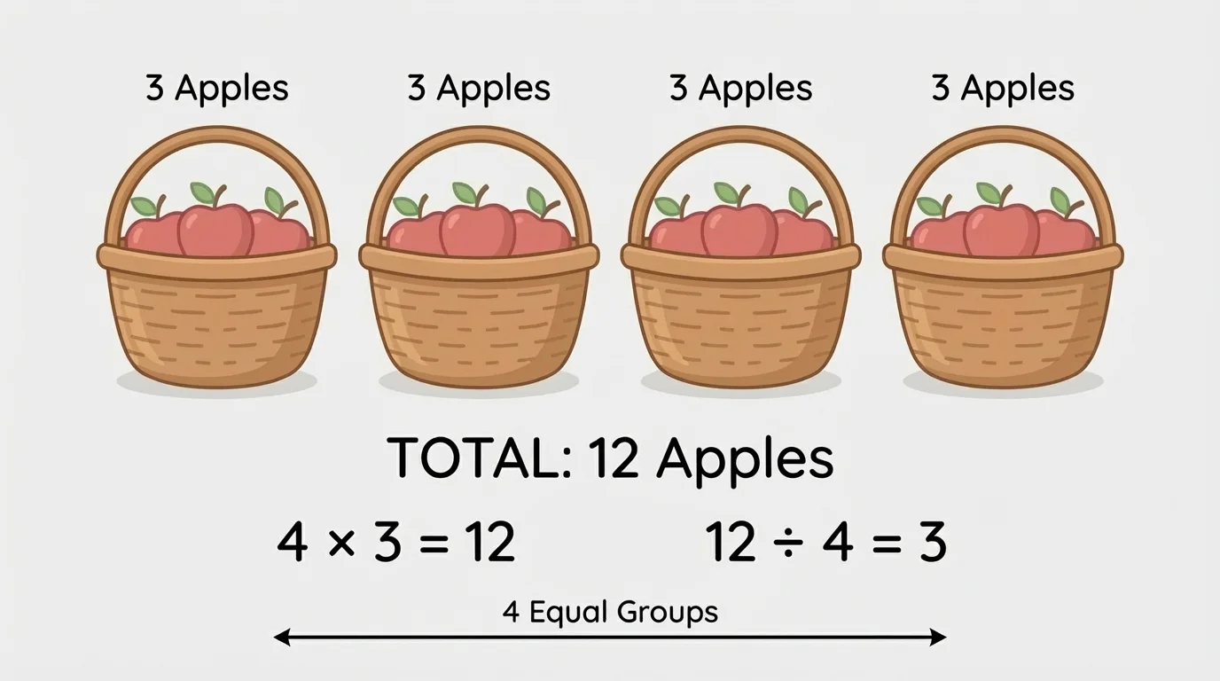 4 baskets with 3 apples in each basket, grouped clearly and labeled by total