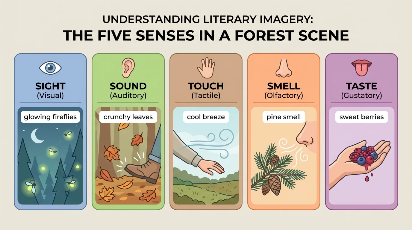 chart showing five senses with sample words from a forest scene: glowing fireflies, crunchy leaves, cool breeze, pine smell, sweet berries