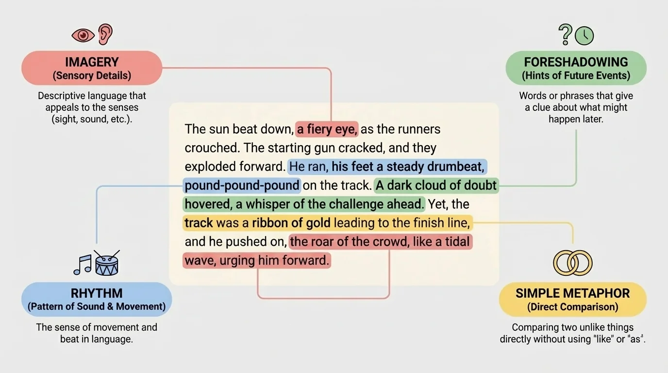 diagram of a short paragraph about a race with color-coded labels for imagery, rhythm, foreshadowing, and simple metaphor