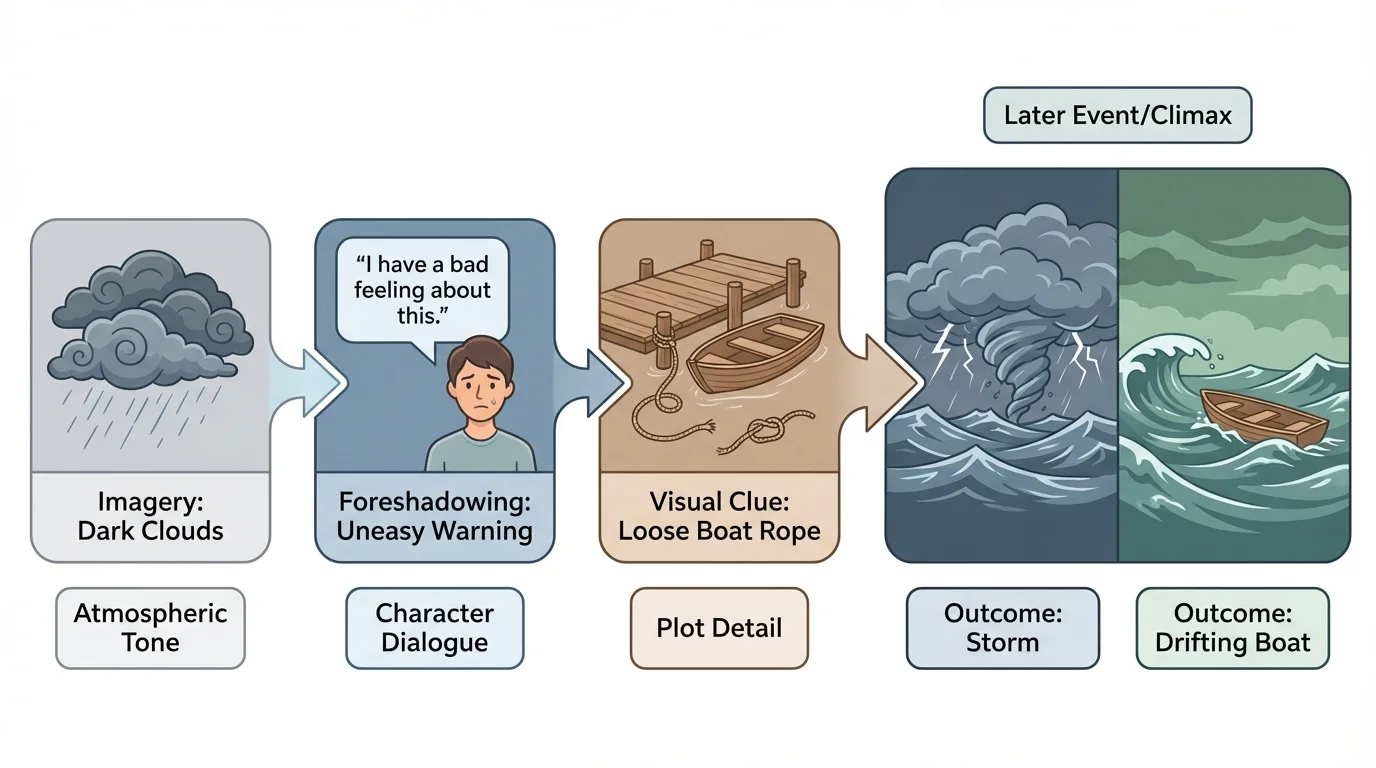 flowchart showing story clue sequence: dark clouds, uneasy warning, loose boat rope, then later storm and drifting boat