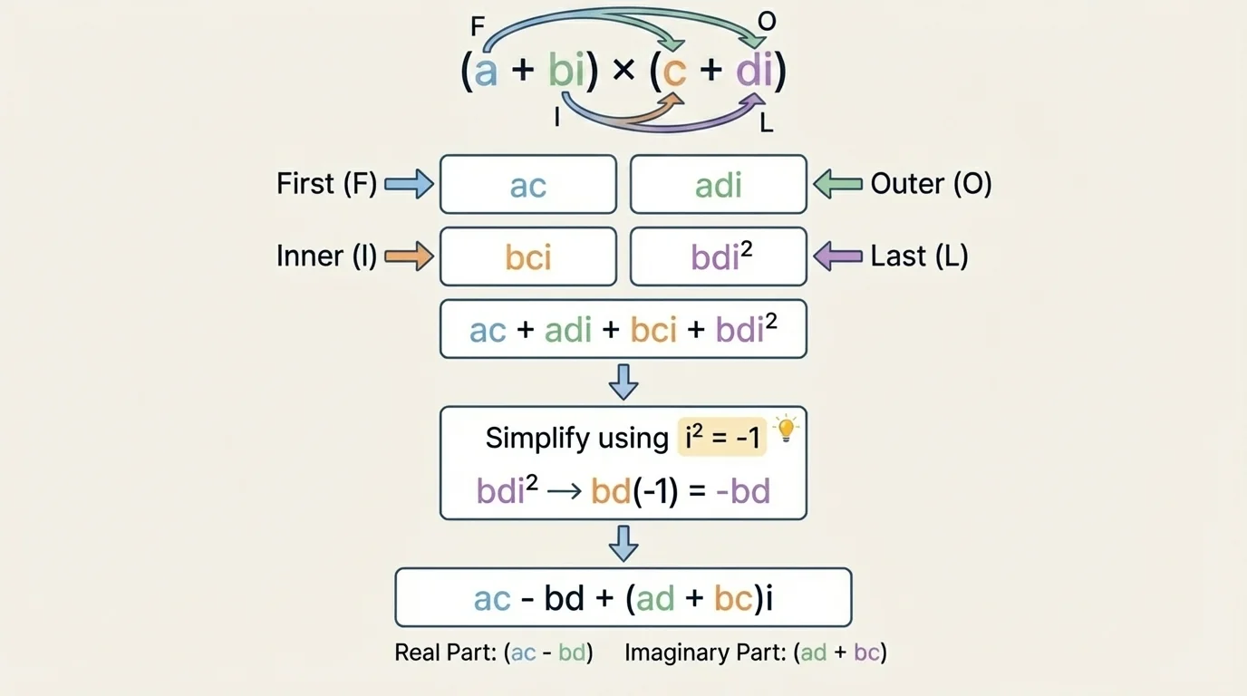 Binomial multiplication diagram for two complex numbers showing four products and simplification using i squared equals negative one