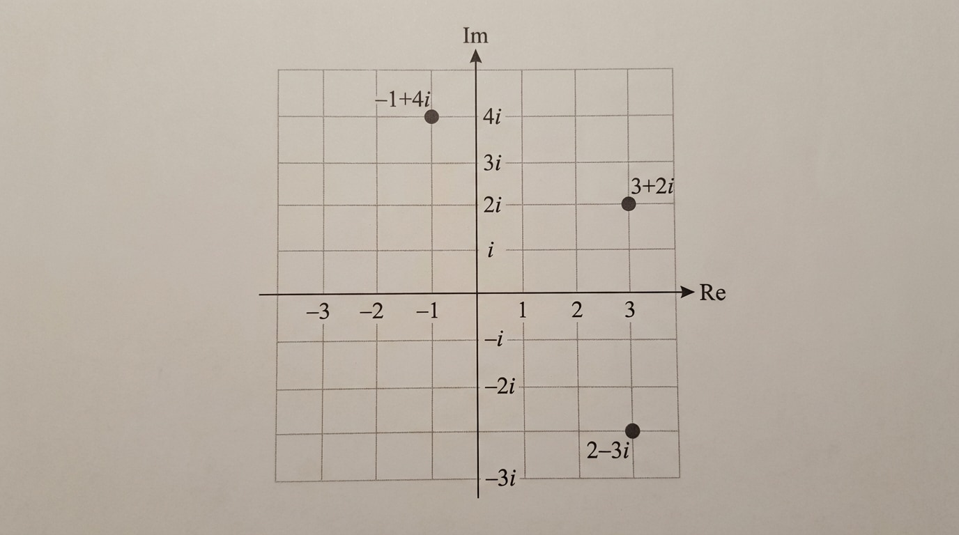 Complex plane with horizontal real axis and vertical imaginary axis, showing labeled points like 3+2i, -1+4i, and 2-3i plotted at coordinates (3,2), (-1,4), and (2,-3)
