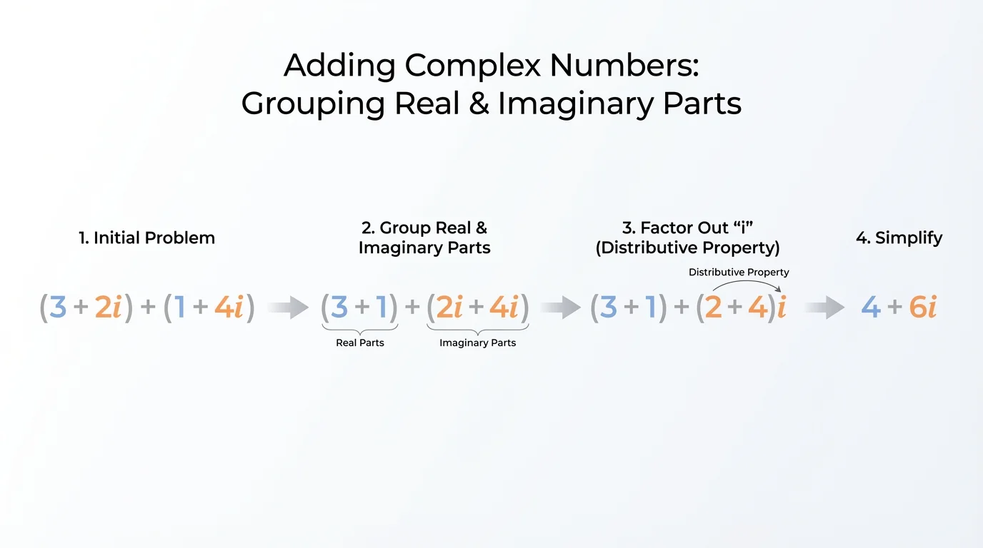Worked layout showing two complex numbers being added by grouping real parts together and imaginary parts together