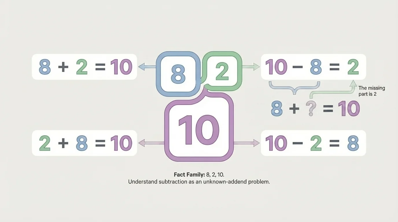 Fact family with numbers 8, 2, and 10, showing two addition equations and two subtraction equations