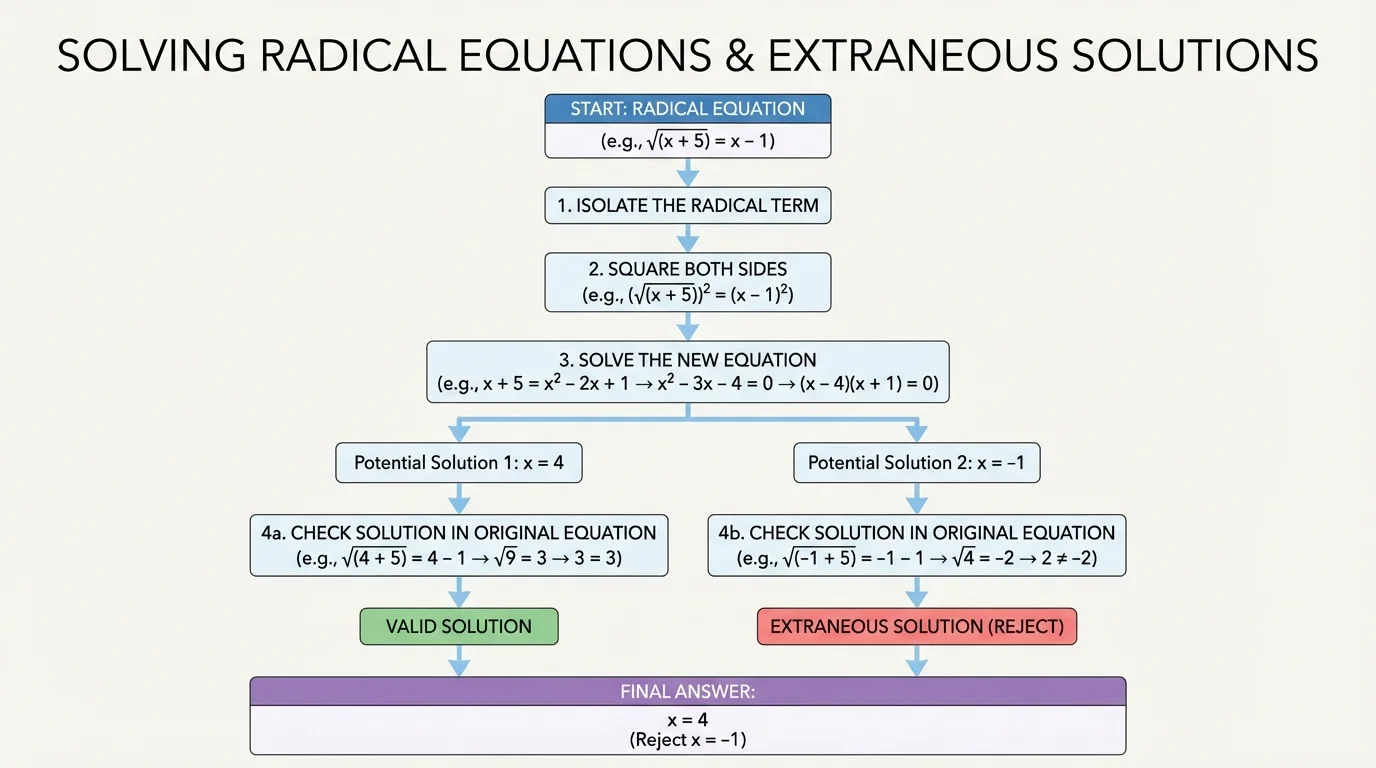 Flowchart for solving a radical equation with boxes labeled isolate the radical, square both sides, solve the new equation, check each solution in the original equation, and reject extraneous answers