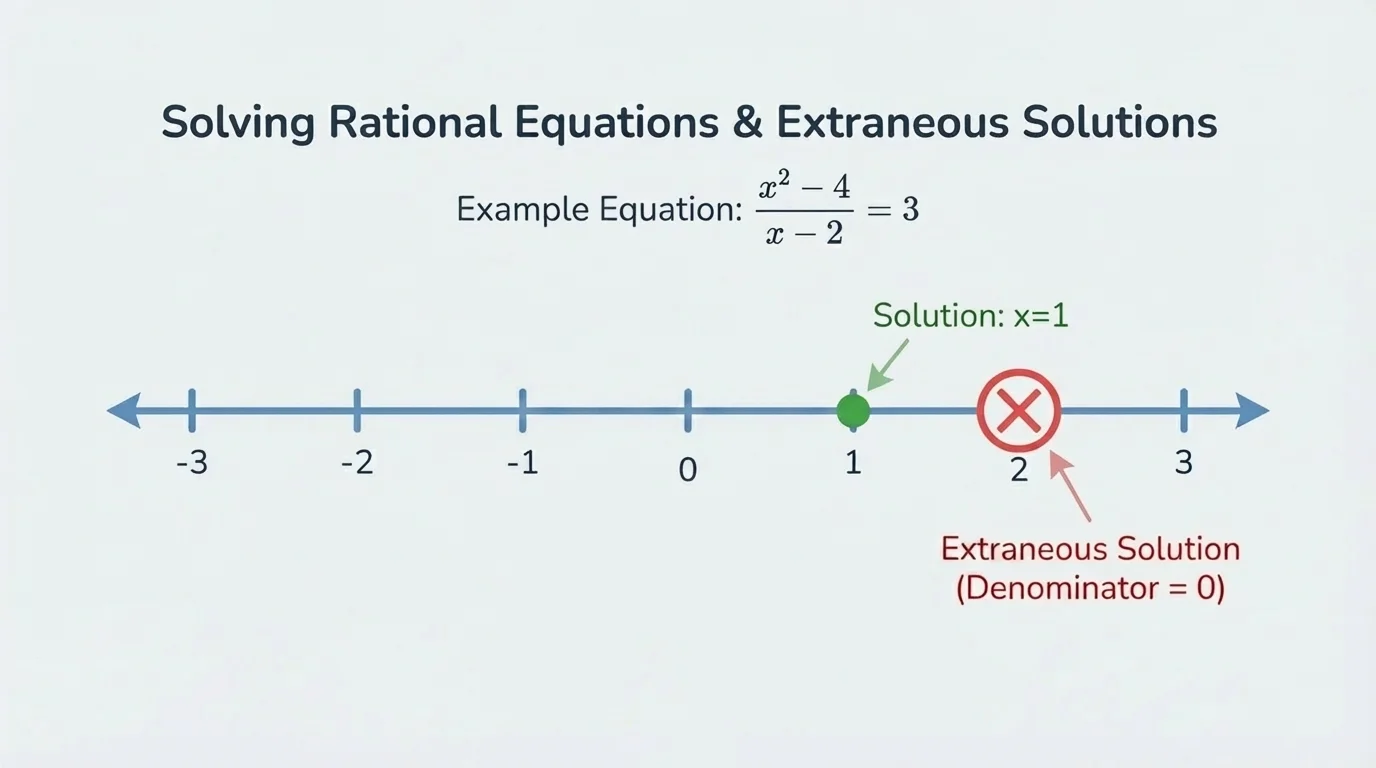 Number line showing allowed and excluded values for a rational equation, with open circles at restricted values such as x=0 and x=2 and brief labels indicating denominator equals zero