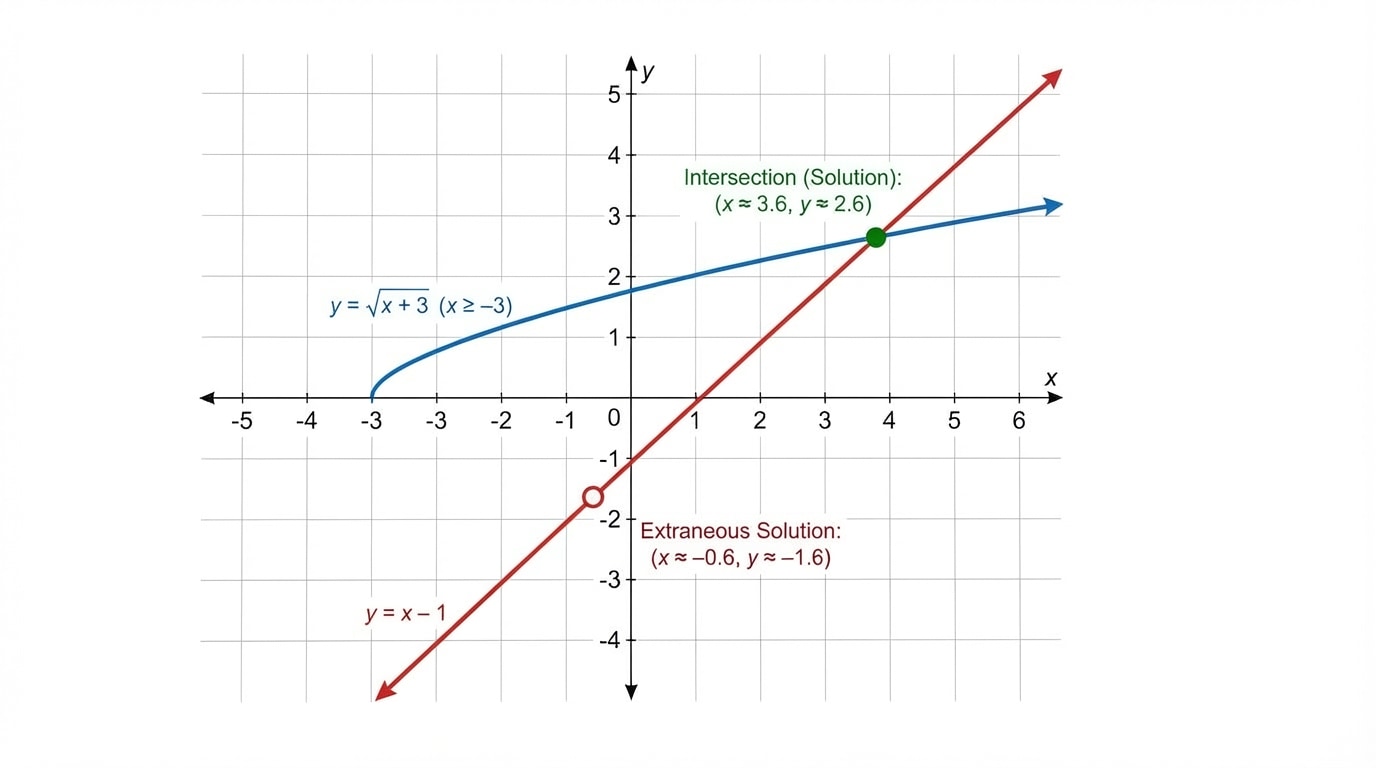 Cartesian plane showing y = sqrt(x+3) (only x ≥ −3, y ≥ 0) and y = x−1, marking their single intersection point; also indicate an extraneous algebraic solution as a point that lies on y = x−1 but not on y = sqrt(x+3)