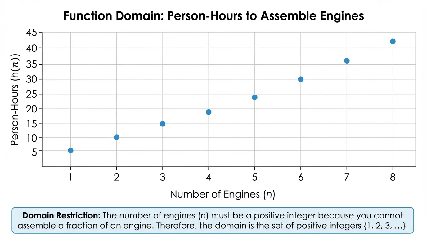 coordinate graph with isolated points representing number of engines on the x-axis and person-hours on the y-axis, showing only positive integer x-values such as 1 through 8