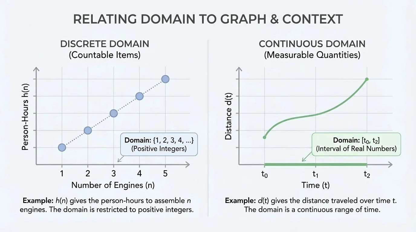 side-by-side coordinate graphs, left showing isolated points for a discrete count situation, right showing a continuous line segment for time-based data