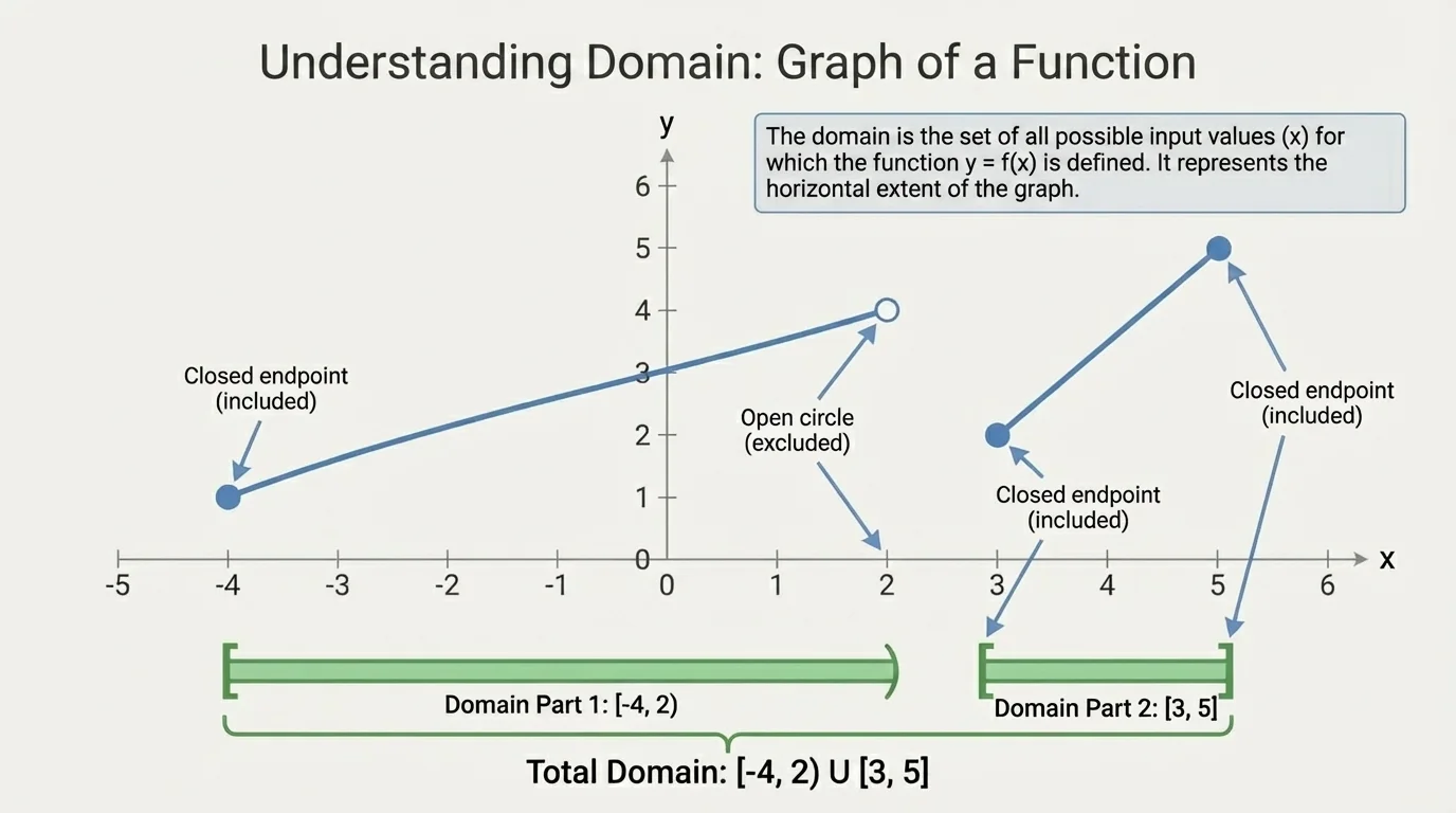 coordinate plane with one function piece from x=-4 closed endpoint to x=2 open circle, and a separate piece from x=3 closed endpoint to x=5 closed endpoint