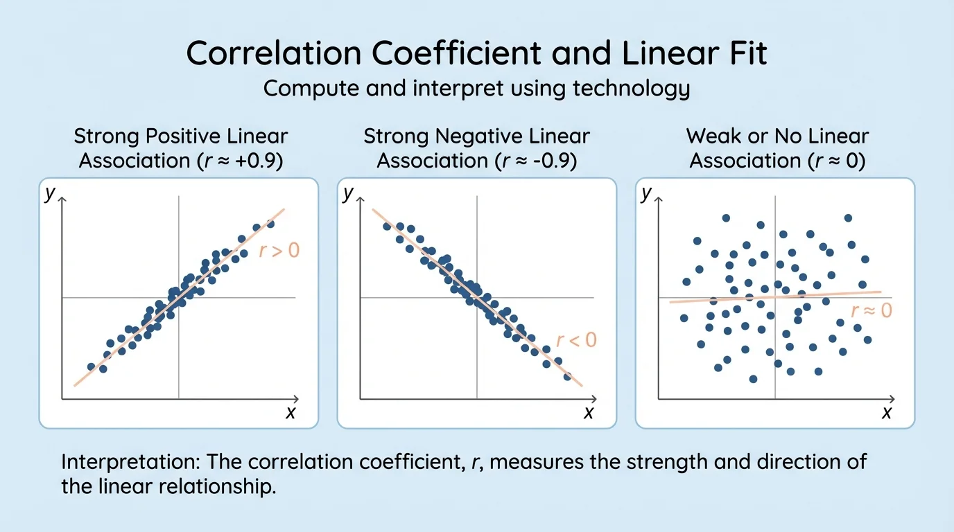 three side-by-side scatter plots showing strong positive linear association, strong negative linear association, and weak or no linear association on simple coordinate grids