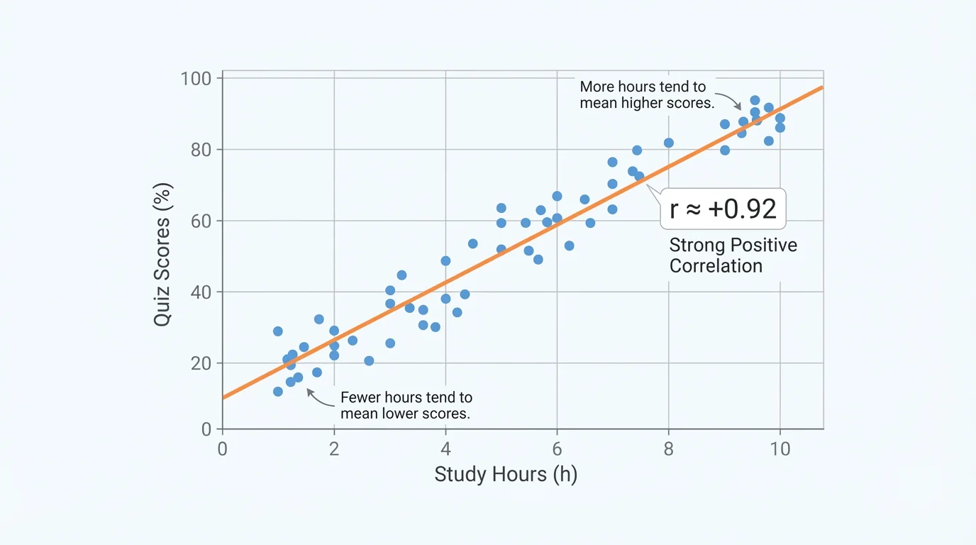 scatter plot of study hours versus quiz scores with points close to an upward-sloping regression line on labeled axes