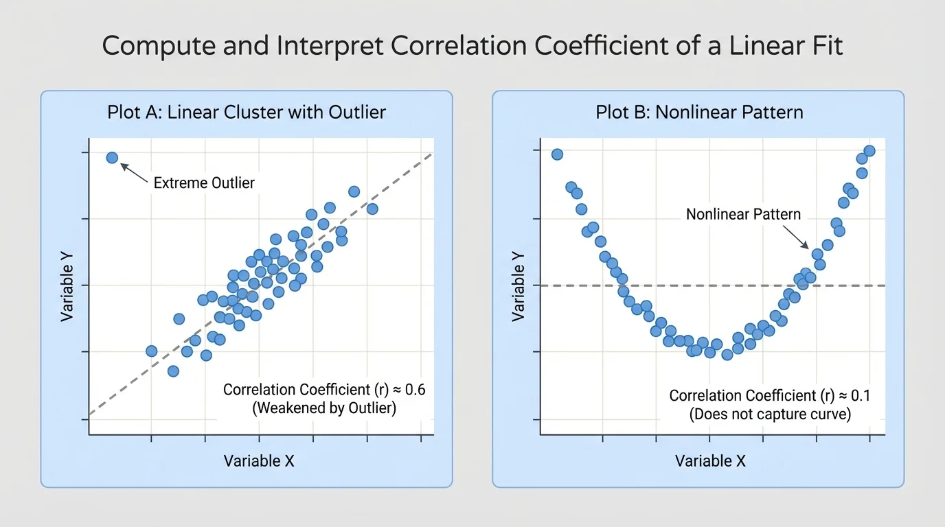 two scatter plots side by side, one showing a mostly linear cluster with one extreme outlier and one showing a curved nonlinear pattern
