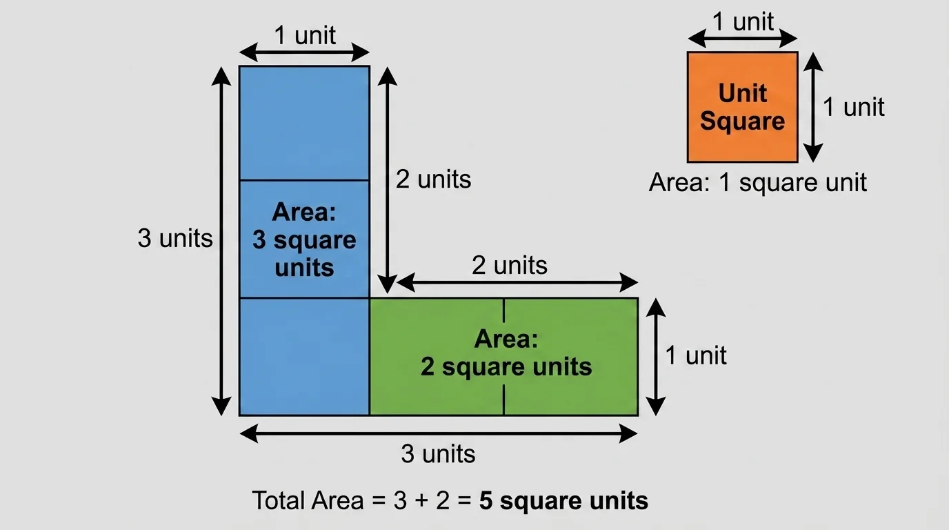 L-shaped figure divided into two rectangles, each part labeled by side lengths in units