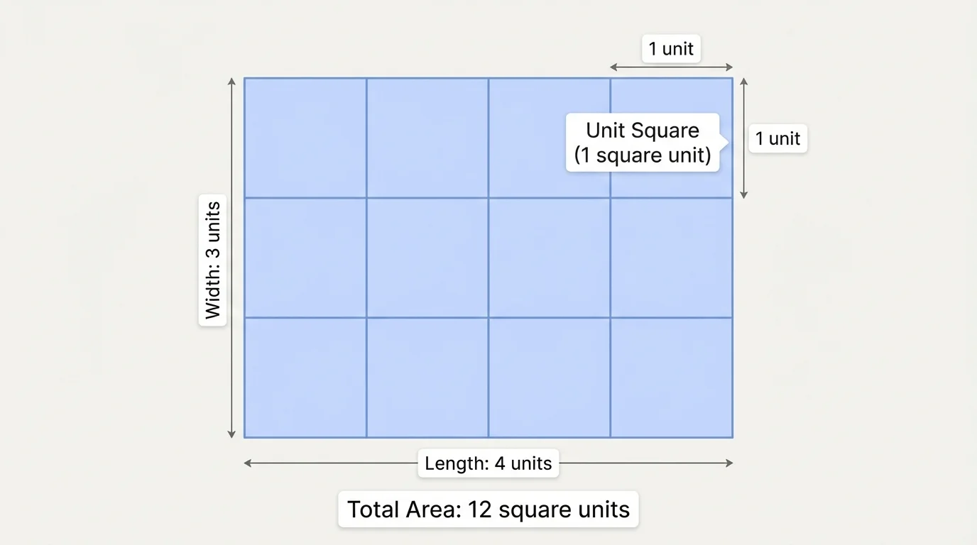 rectangle tiled with unit squares in 3 rows and 4 columns, showing no gaps or overlaps