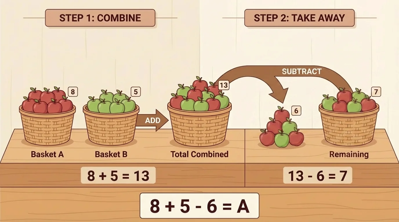 Apples in baskets showing two connected actions, first combining two groups of apples and then taking some away, with short labels like add and subtract