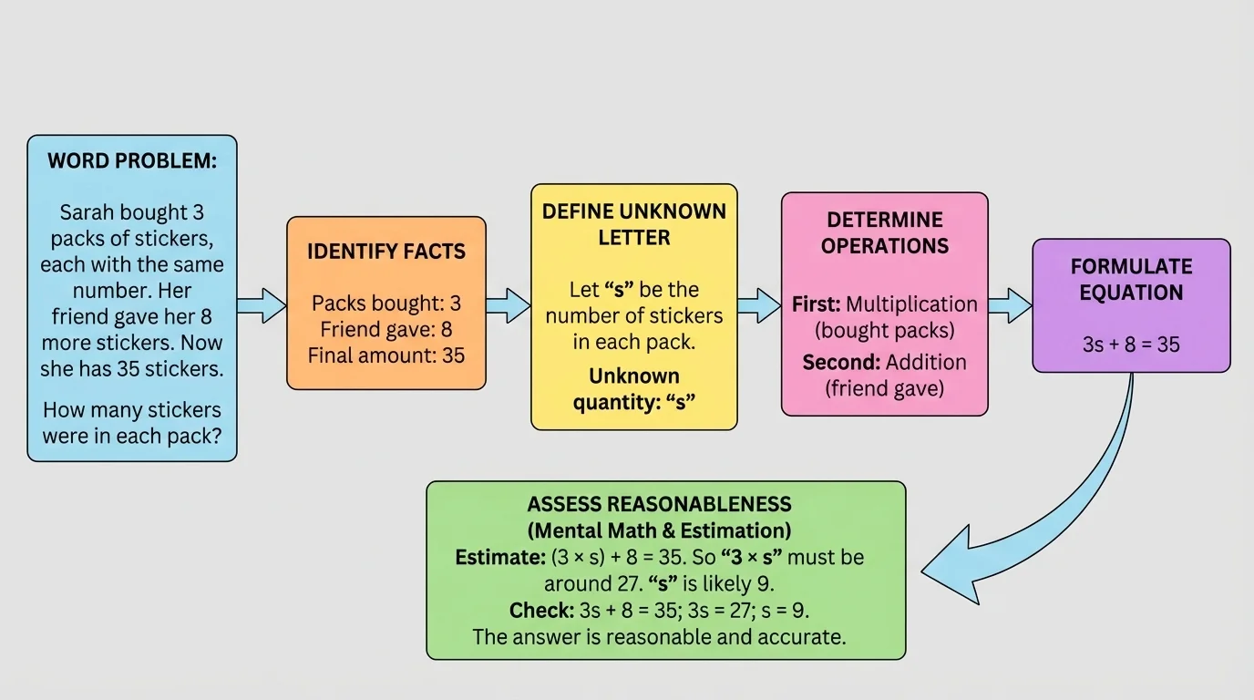 Simple flowchart from word problem text to equation, with boxes labeled facts, unknown letter, first operation, second operation