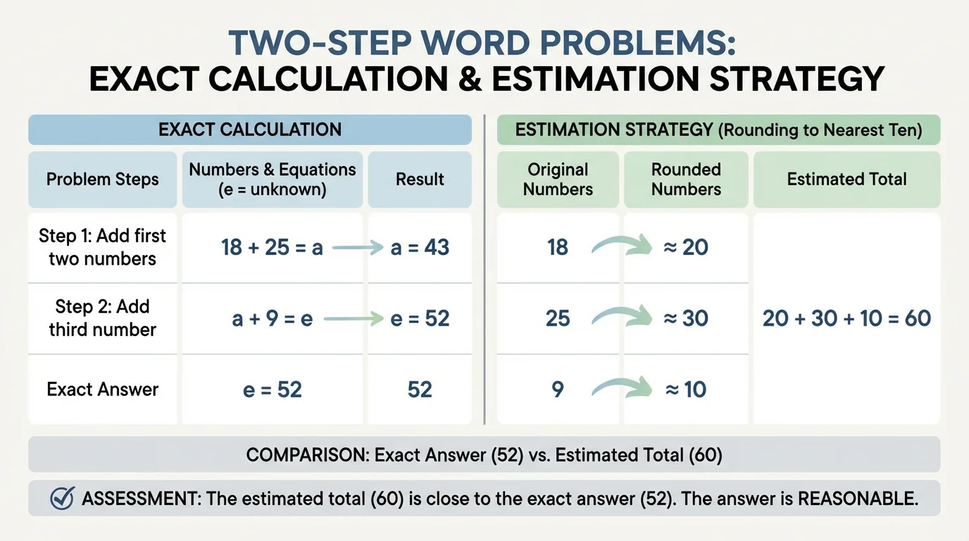 Chart showing exact numbers 18, 25, 9 and rounded numbers 20, 30, 10, with an estimated total compared to the exact answer