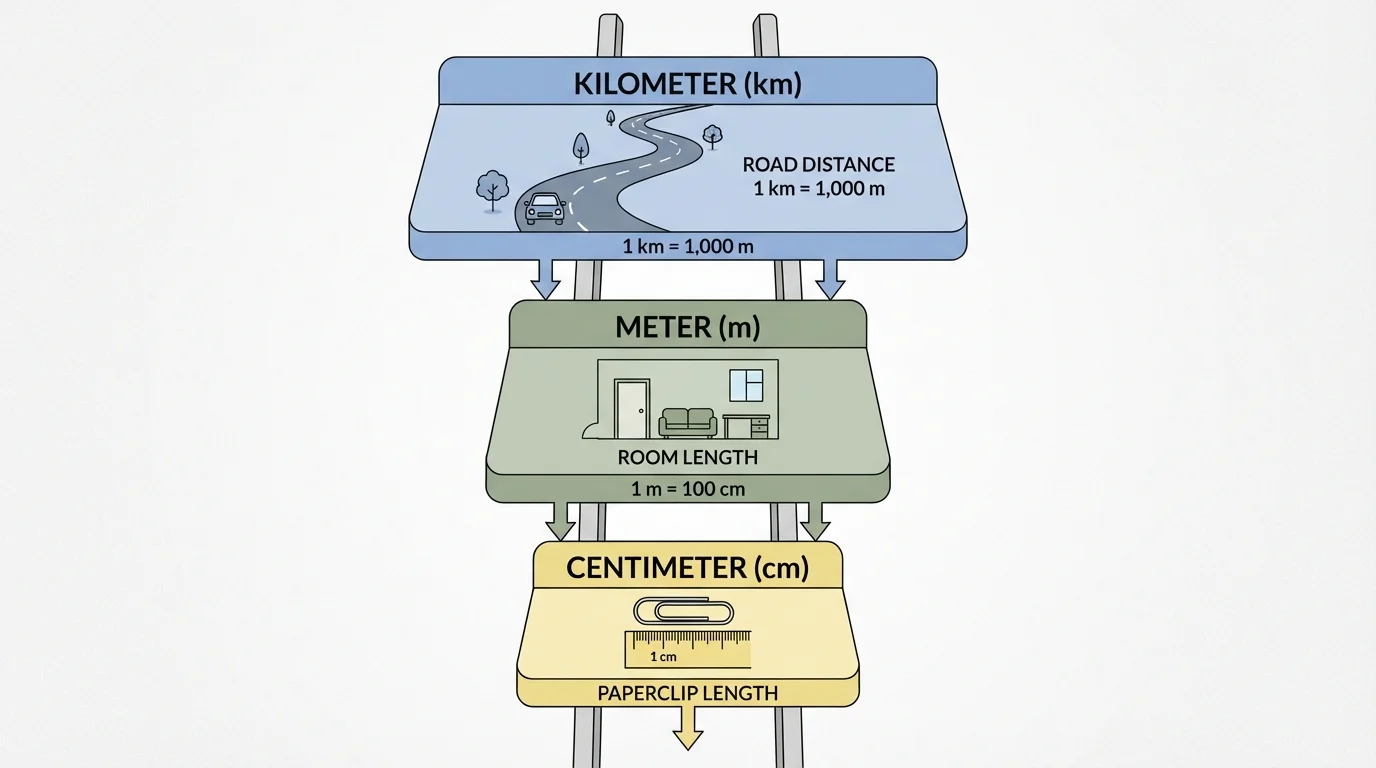 size ladder for metric length units showing kilometer, meter, and centimeter from largest to smallest with simple examples like road distance, room length, and paperclip length