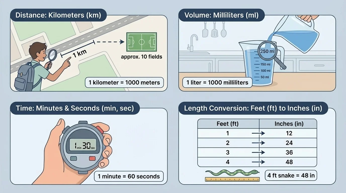 everyday scenes showing a student reading kilometers on a map, measuring milliliters in a clear cup, and using a stopwatch with minutes and seconds