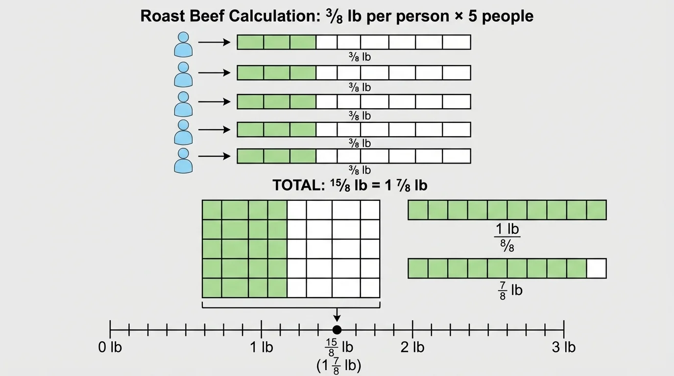 Five plates or person icons each linked to a 3/8-pound fraction bar, with combined shading totaling 15/8 and marked between 1 and 2 on a number line