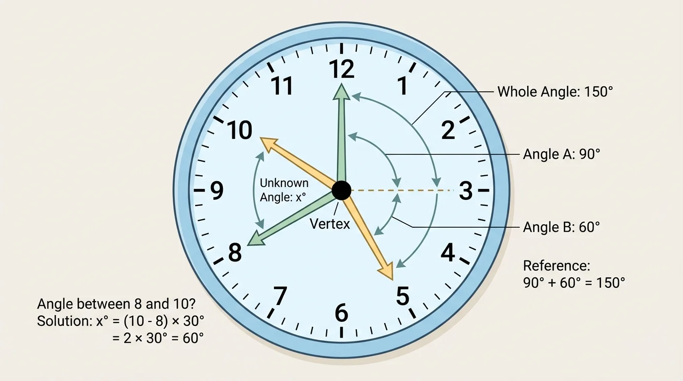 Clock showing hands forming one smaller angle, with the center marked as the vertex