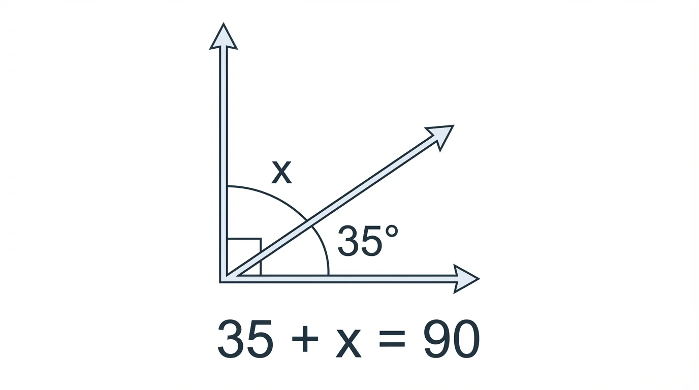 Angle split into two parts labeled 35 degrees and x, with the whole labeled 90 degrees