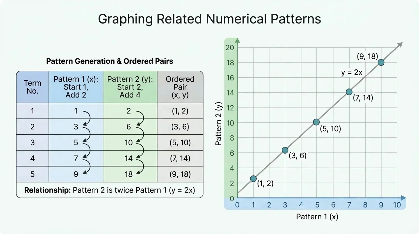 graph showing ordered pairs from two related patterns where the second pattern is twice the first, such as points (1,2), (3,6), (5,10), (7,14), (9,18)