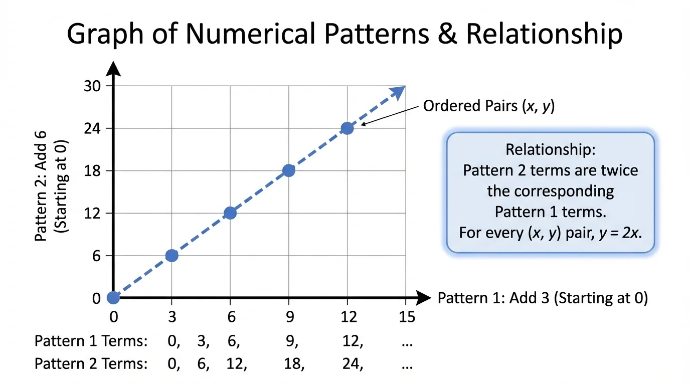 graph of ordered pairs from the add 3 and add 6 patterns on a coordinate plane, including points (0,0), (3,6), (6,12), (9,18), (12,24)