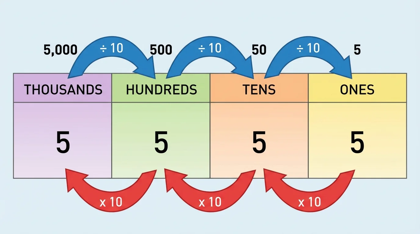 Place value chart with arrows between ones, tens, hundreds, and thousands showing the x10 and ÷10 pattern